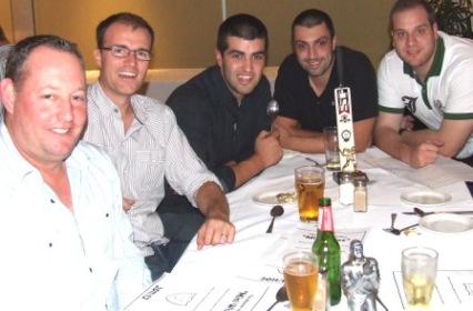 *Sitting at the Boutique Homes table (also known as the Eighths) are L-R Bryan Milne, Jamie Herring, Adam Caligiuri, Daniel Caligiuri with his century trophy, and Adam Buriani.